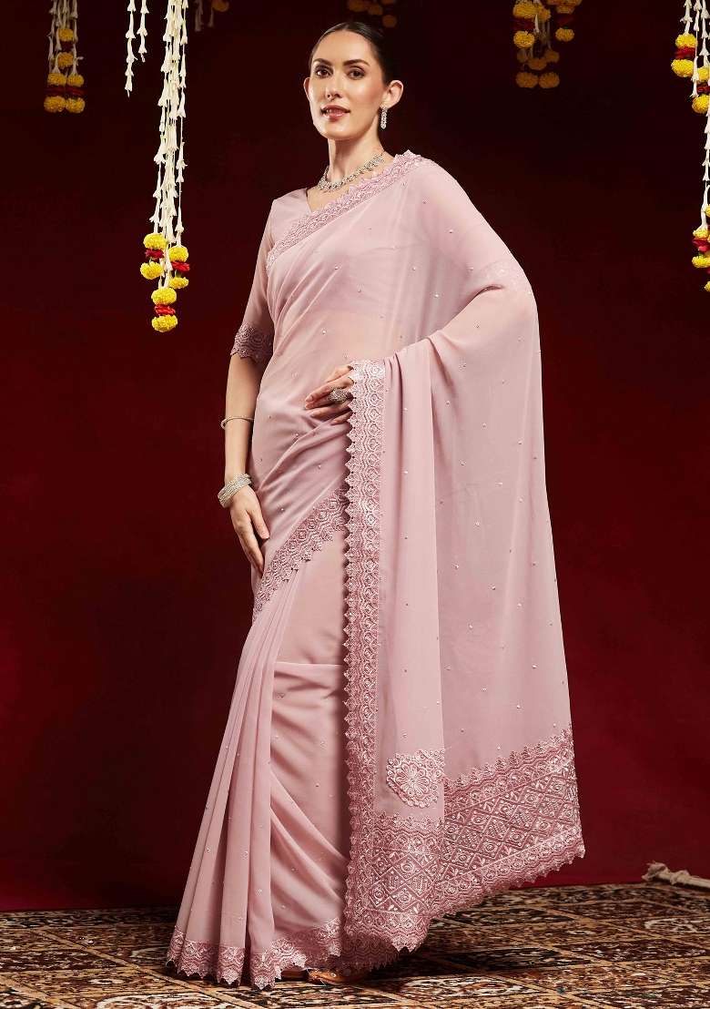 Mauve Printed Georgette Saree Set for Diwali and Festive Wear - Indya