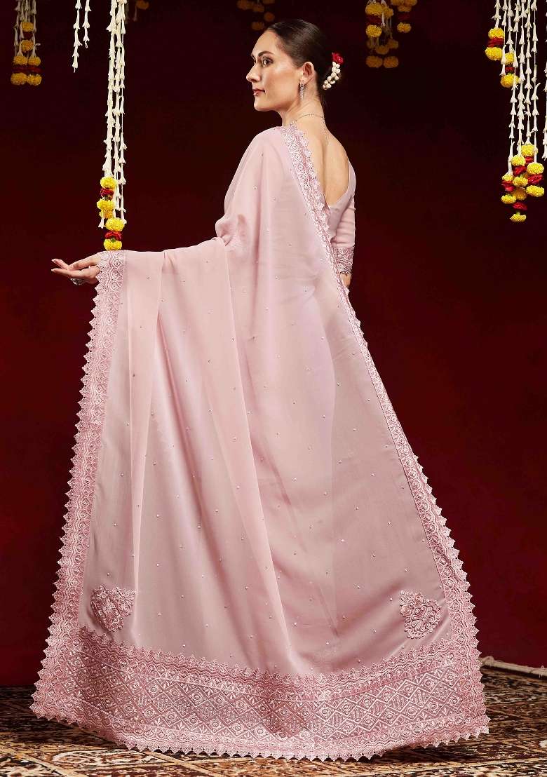 Mauve Printed Georgette Saree Set for Diwali and Festive Wear - Indya
