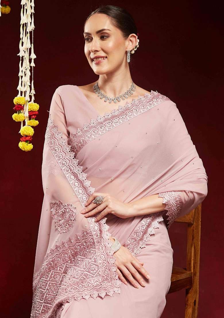 Mauve Printed Georgette Saree Set for Diwali and Festive Wear - Indya