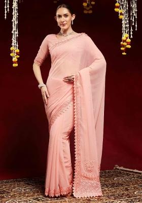 Peach Printed Georgette Saree Set