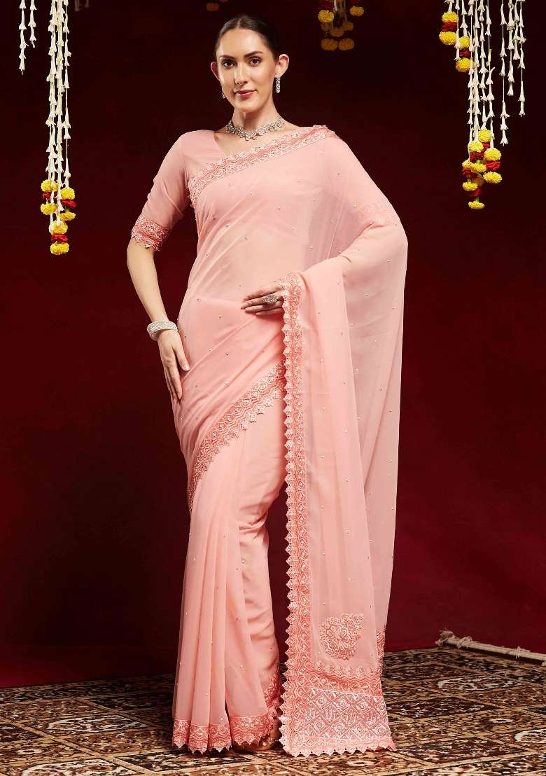 Peach Georgette Saree Set with Printed for Diwali | Wedding & Festive Wear - Indya