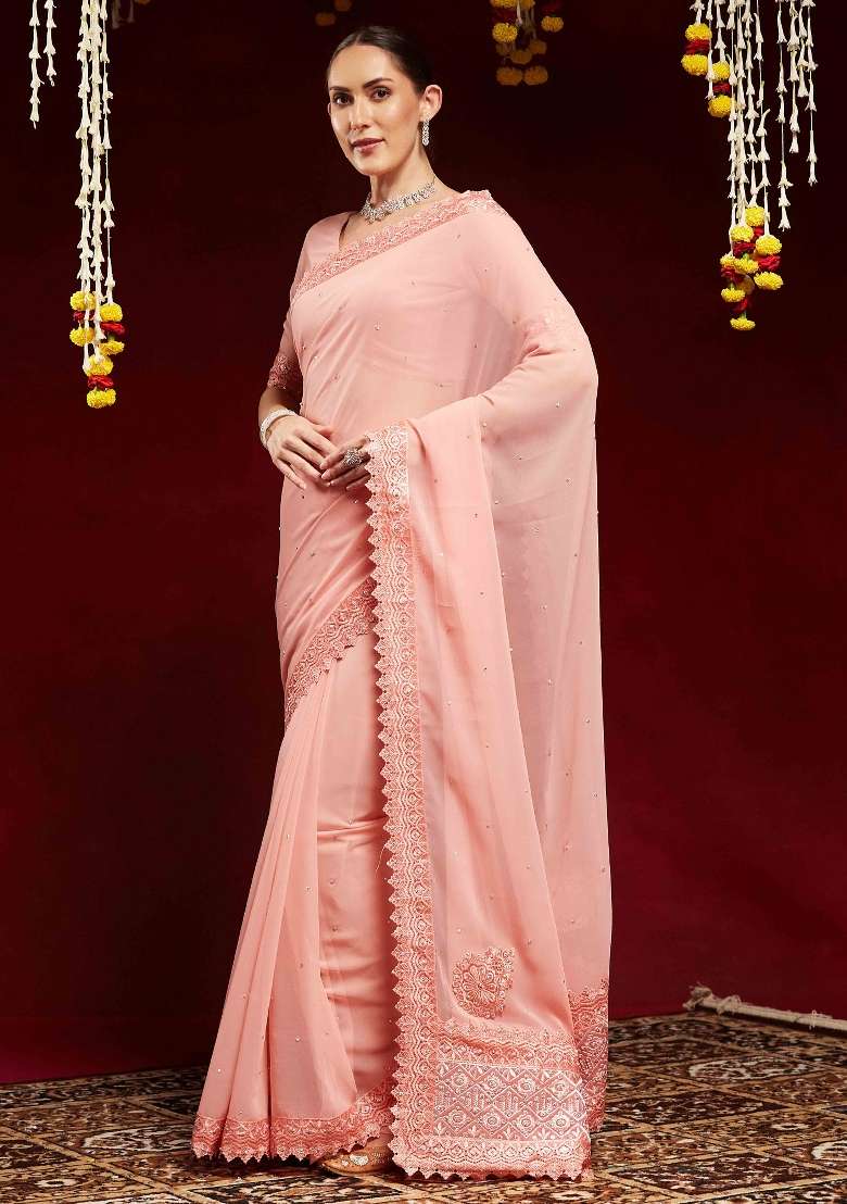 Peach Georgette Saree Set with Printed for Diwali | Wedding & Festive Wear - Indya
