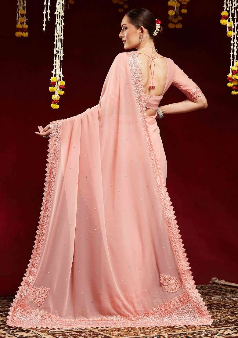 Peach Georgette Saree Set with Printed for Diwali | Wedding & Festive Wear - Indya