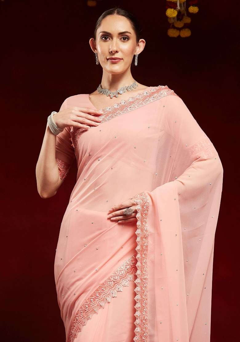 Peach Georgette Saree Set with Printed for Diwali | Wedding & Festive Wear - Indya