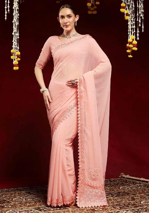 Peach Printed Georgette Saree Set — view on Indya