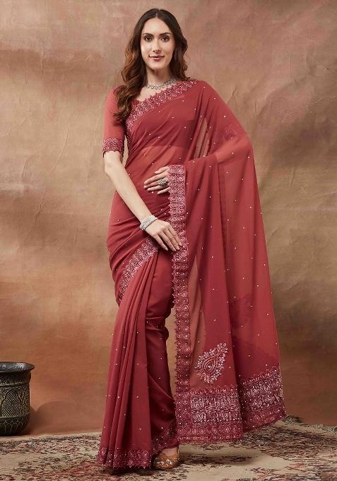 Maroon Printed Georgette Saree Set — view on Indya