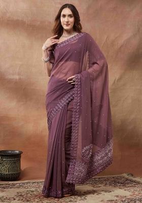 Purple Printed Georgette Saree Set