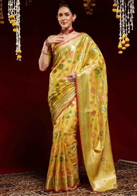Yellow Printed Organza Saree Set