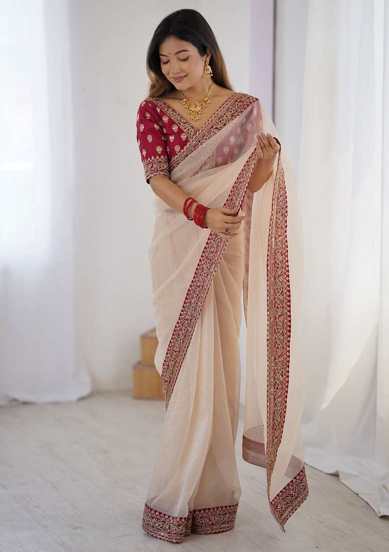White Printed Chiffon Saree Set for Diwali and Festive Wear - Indya
