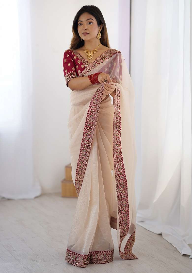 White Printed Chiffon Saree Set for Diwali and Festive Wear - Indya