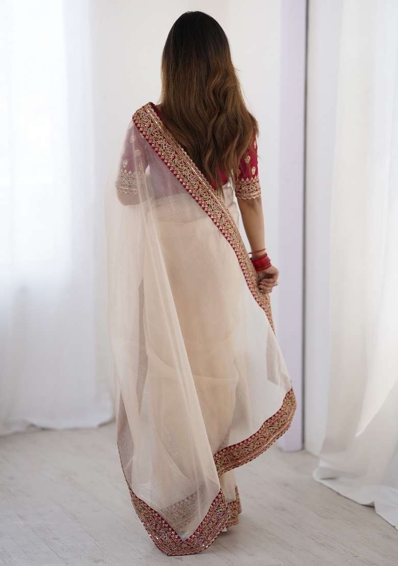 White Printed Chiffon Saree Set for Diwali and Festive Wear - Indya