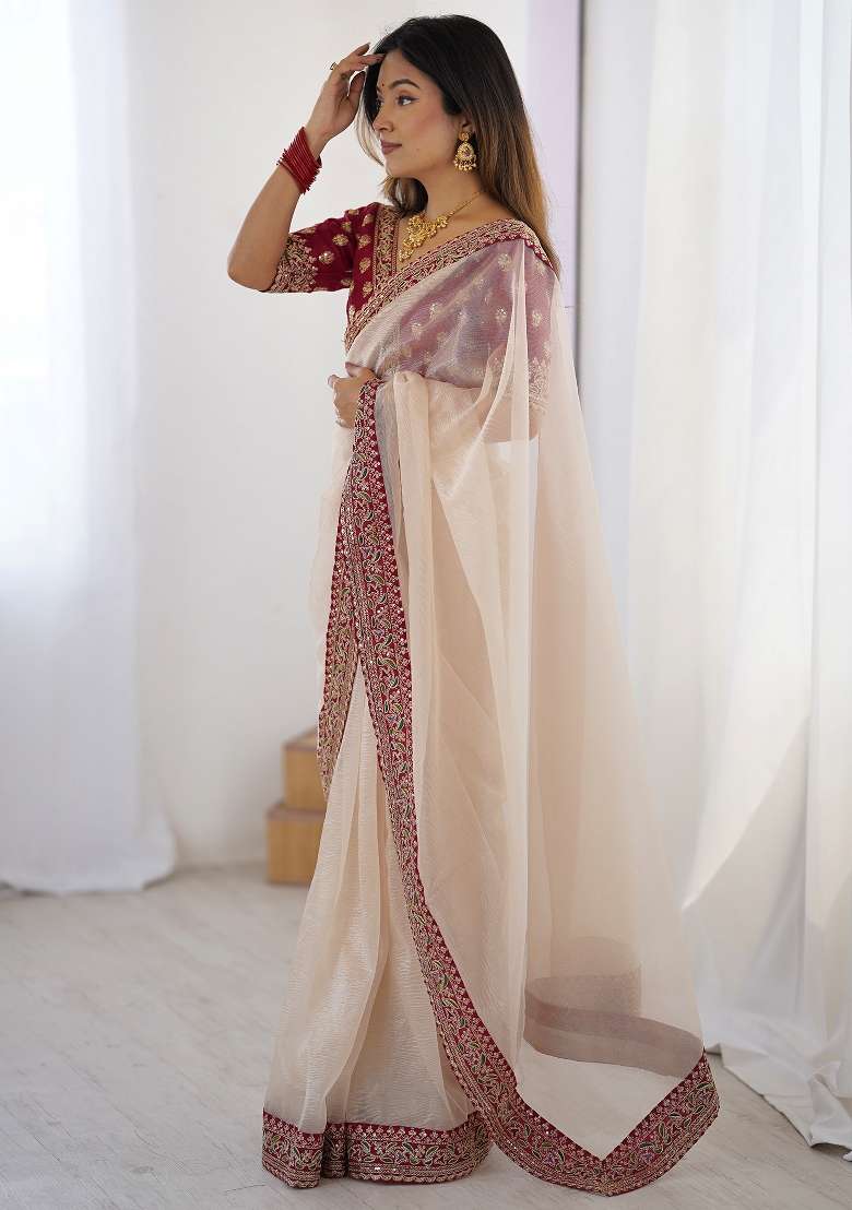 White Printed Chiffon Saree Set for Diwali and Festive Wear - Indya