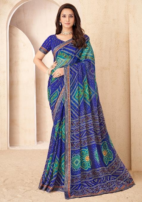 Blue Printed Chiffon Saree Set — view on Indya