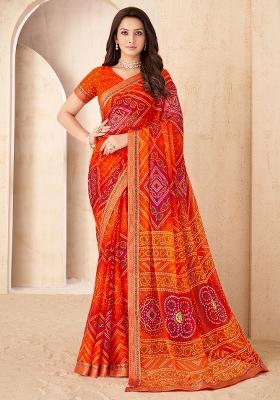 Orange Printed Chiffon Saree Set