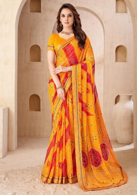 Yellow Printed Chiffon Saree Set — view on Indya