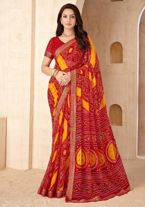 Red Printed Chiffon Saree Set — view on Indya