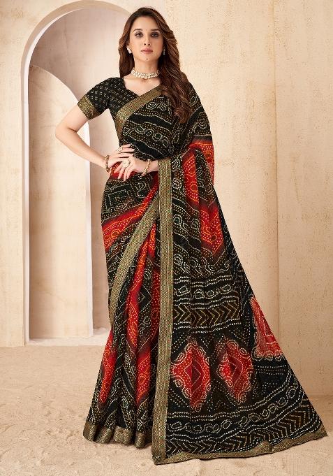 Black Printed Chiffon Saree Set — view on Indya