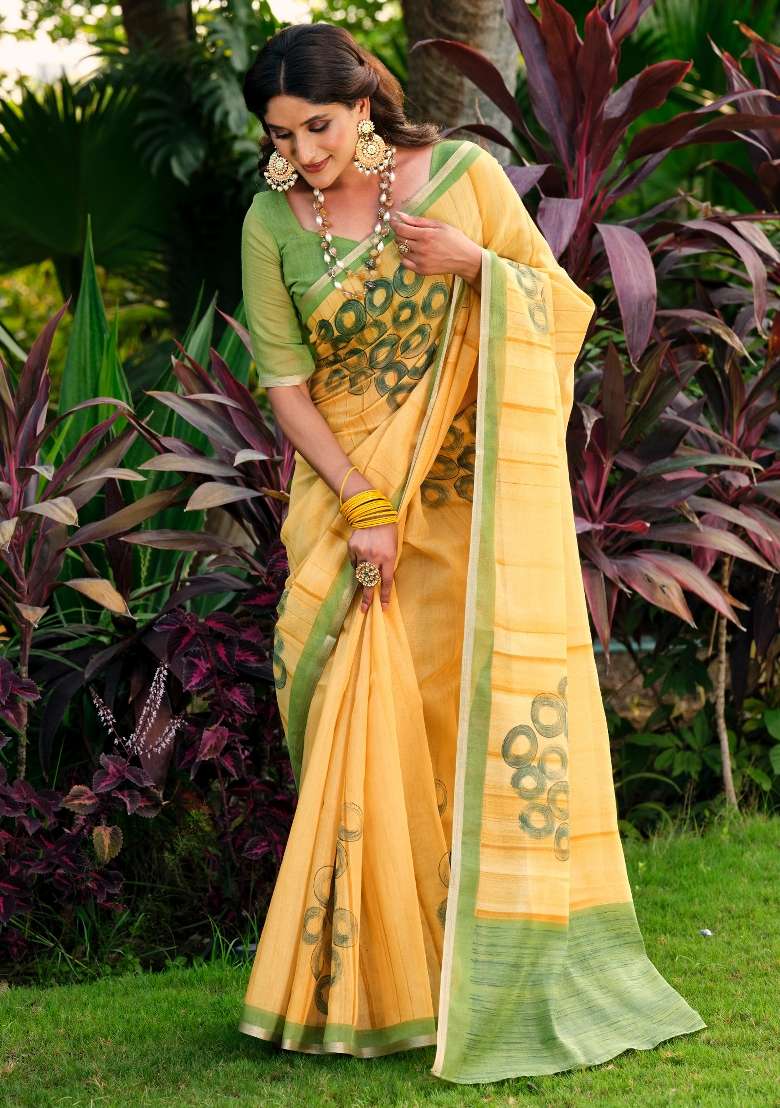 Yellow Printed Cotton Blend Saree Set - Indya