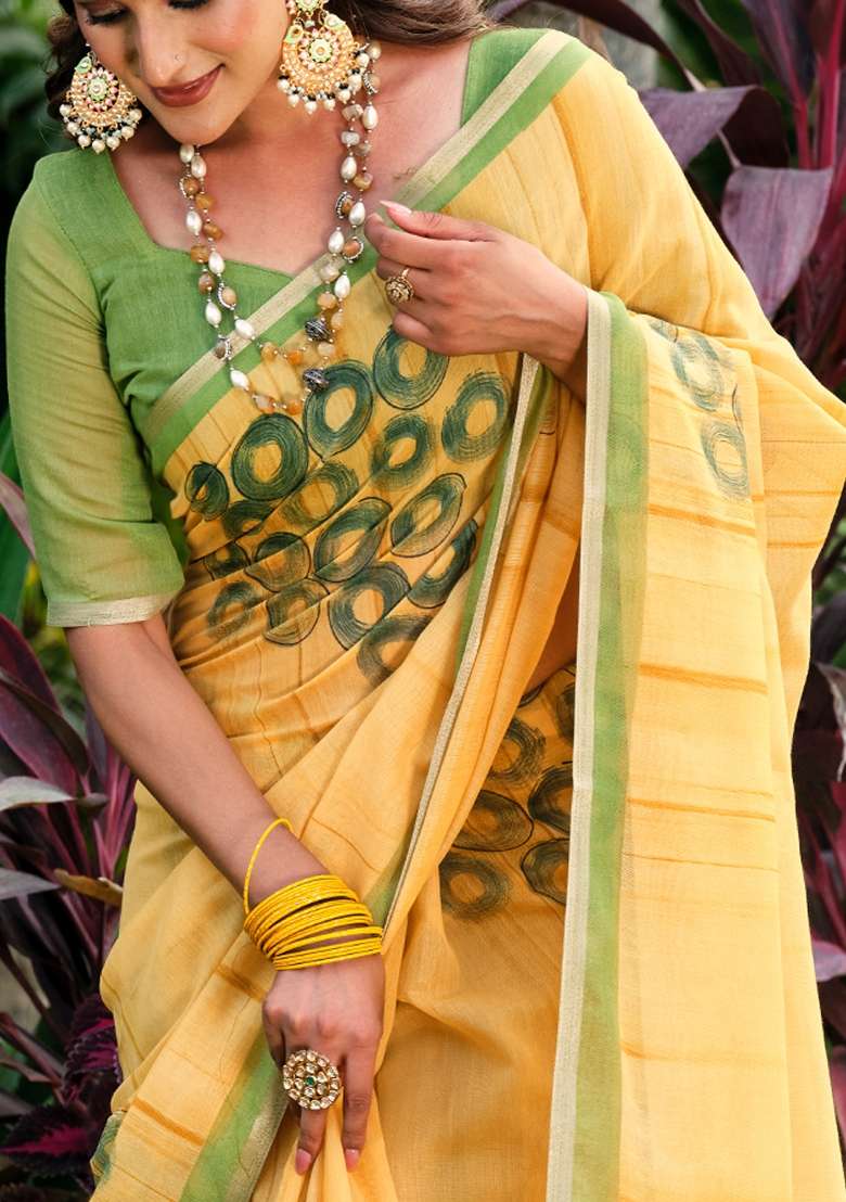 Yellow Printed Cotton Blend Saree Set - Indya