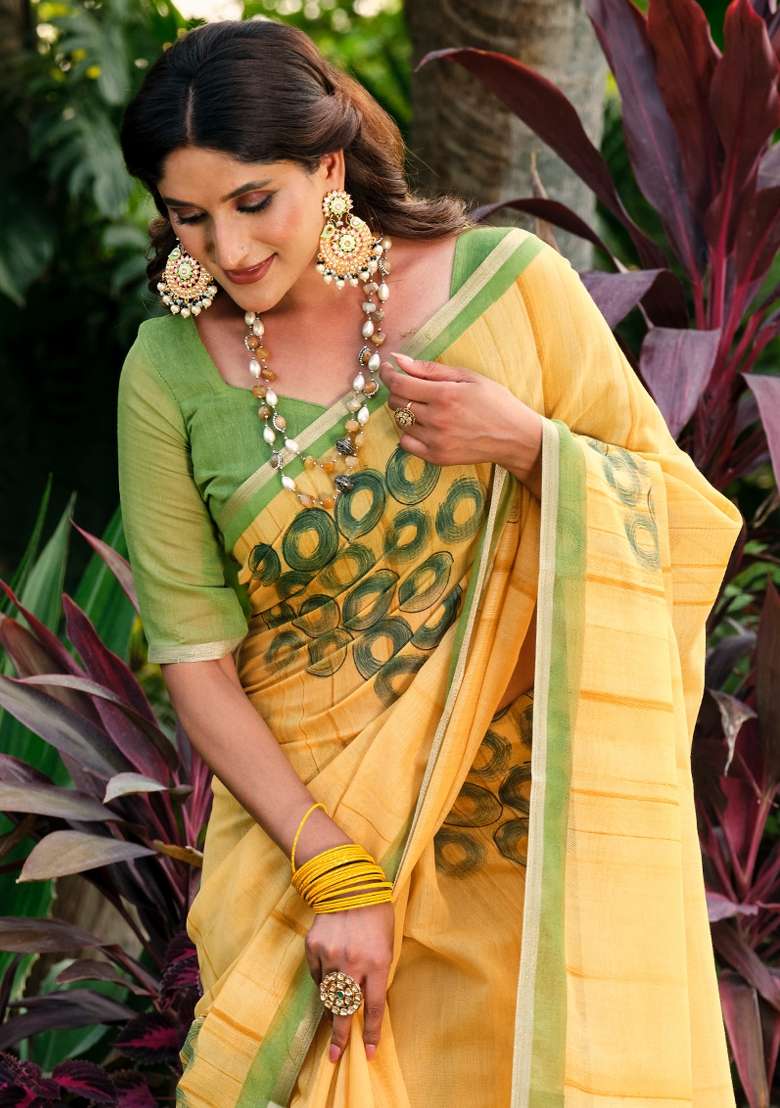 Yellow Printed Cotton Blend Saree Set - Indya