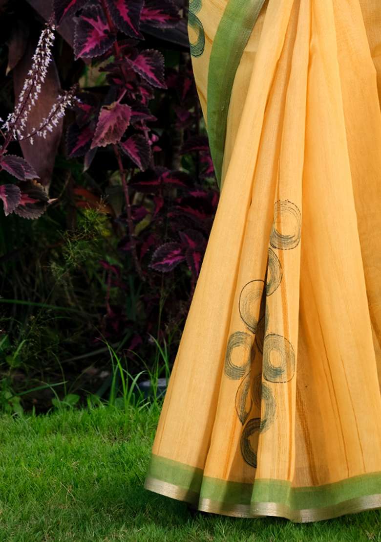 Yellow Printed Cotton Blend Saree Set - Indya