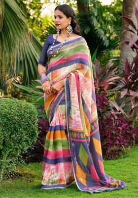 Multicolored Printed Cotton Blend Saree Set