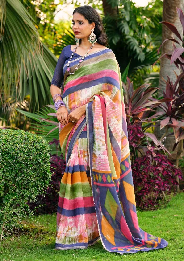 Multicolored Printed Cotton Blend Saree Set - Indya