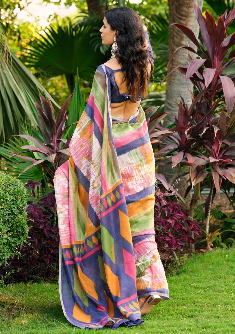 Multicolored Printed Cotton Blend Saree Set - Indya