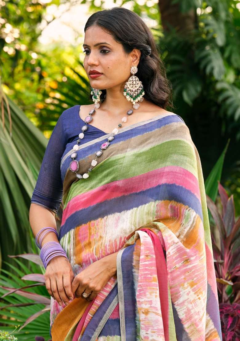 Multicolored Printed Cotton Blend Saree Set - Indya