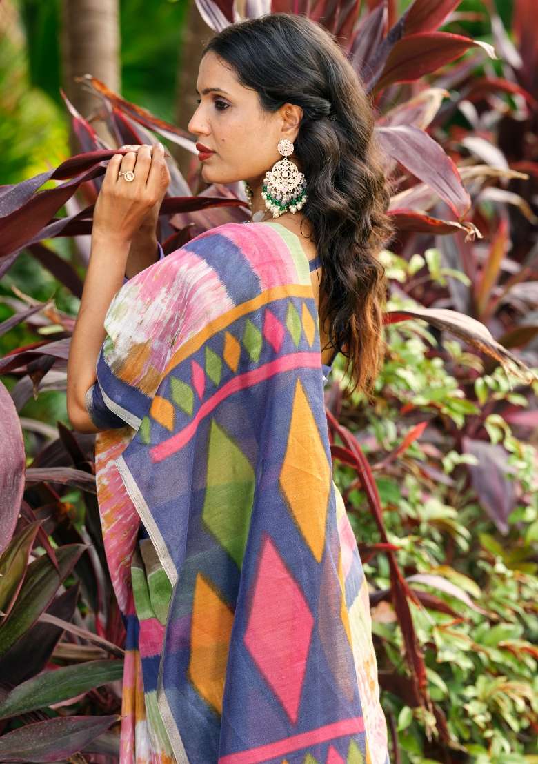 Multicolored Printed Cotton Blend Saree Set - Indya