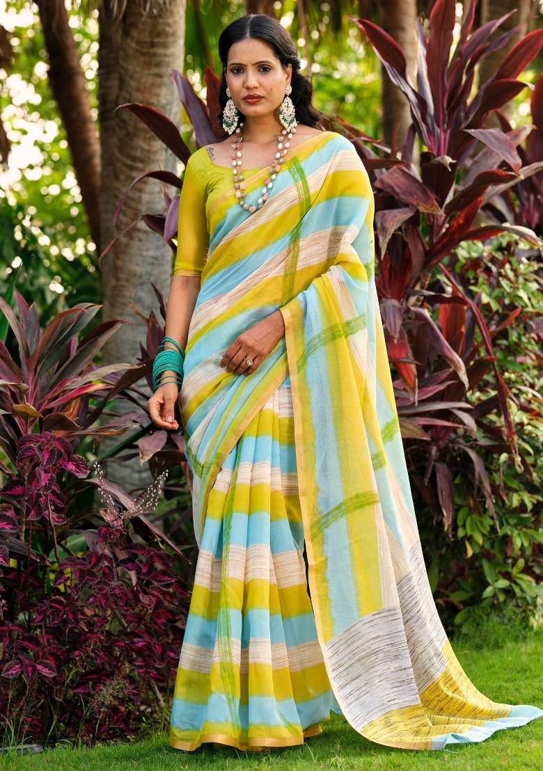 Yellow Printed Cotton Blend Saree Set - Indya