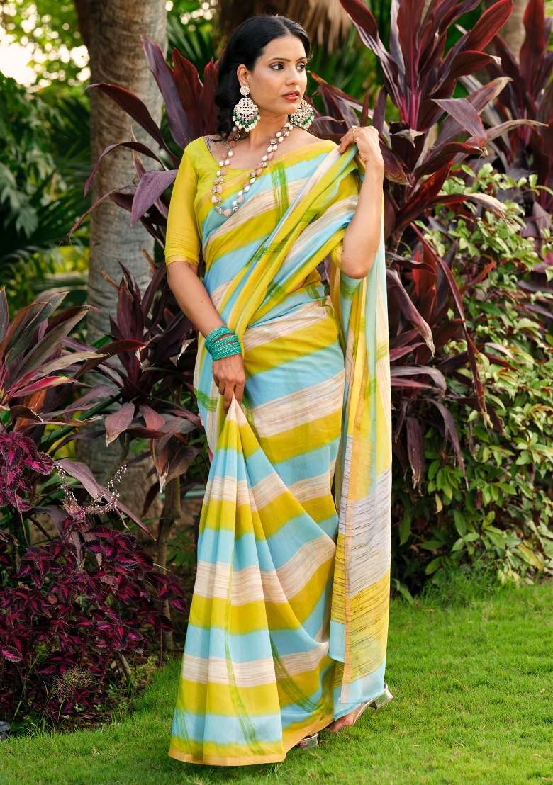 Yellow Printed Cotton Blend Saree Set - Indya