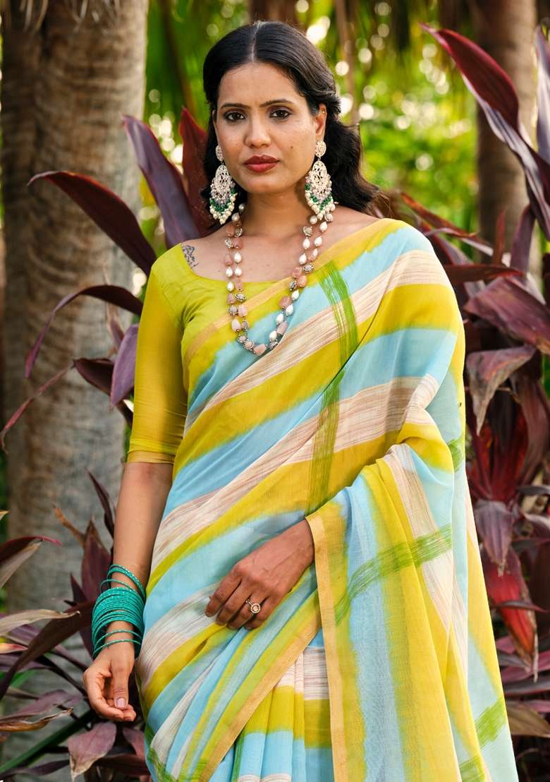 Yellow Printed Cotton Blend Saree Set - Indya