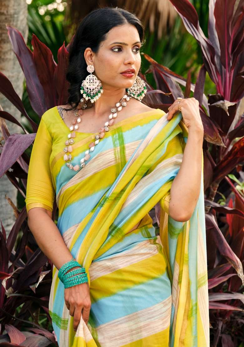 Yellow Printed Cotton Blend Saree Set - Indya