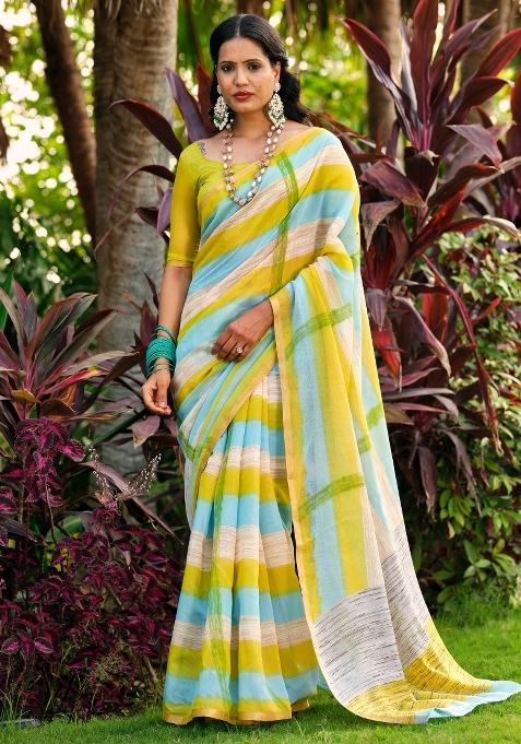 Yellow Printed Cotton Blend Saree Set — view on Indya