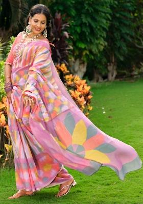 Multicolored Printed Cotton Blend Saree Set