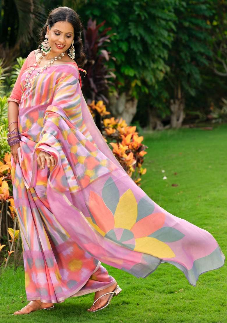 Multicolored Printed Cotton Blend Saree Set - Indya