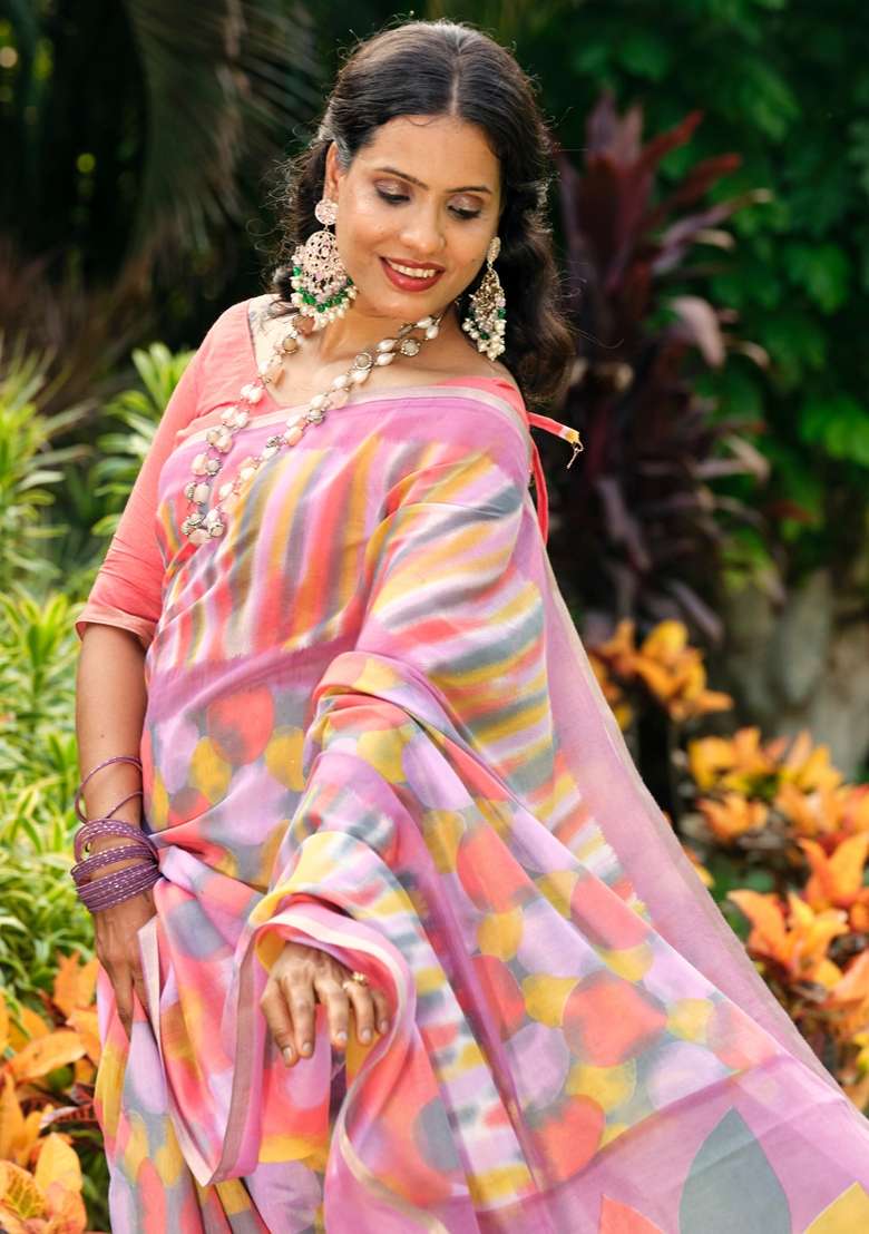 Multicolored Printed Cotton Blend Saree Set - Indya