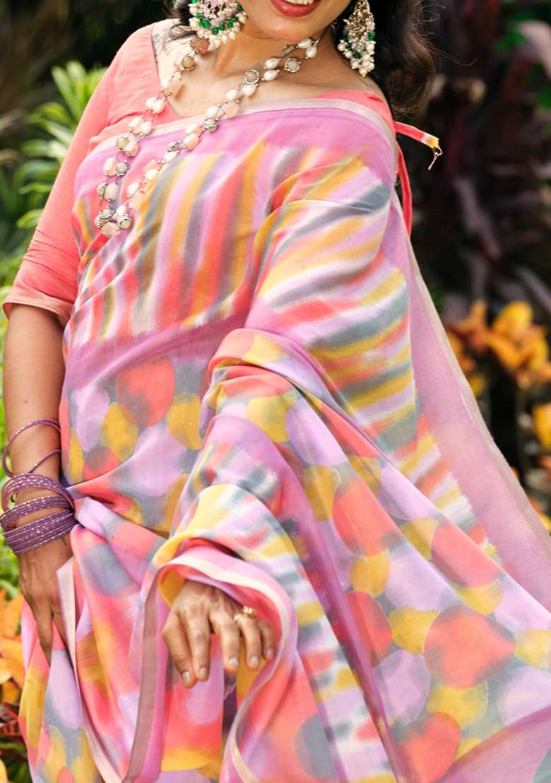 Multicolored Printed Cotton Blend Saree Set - Indya
