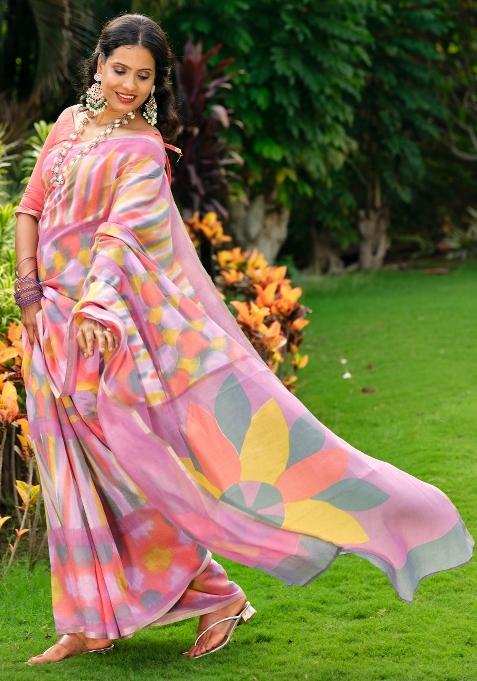 Multicolored Printed Cotton Blend Saree Set — view on Indya
