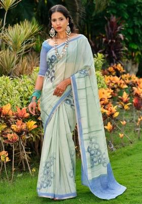 Sea Green Printed Cotton Blend Saree Set
