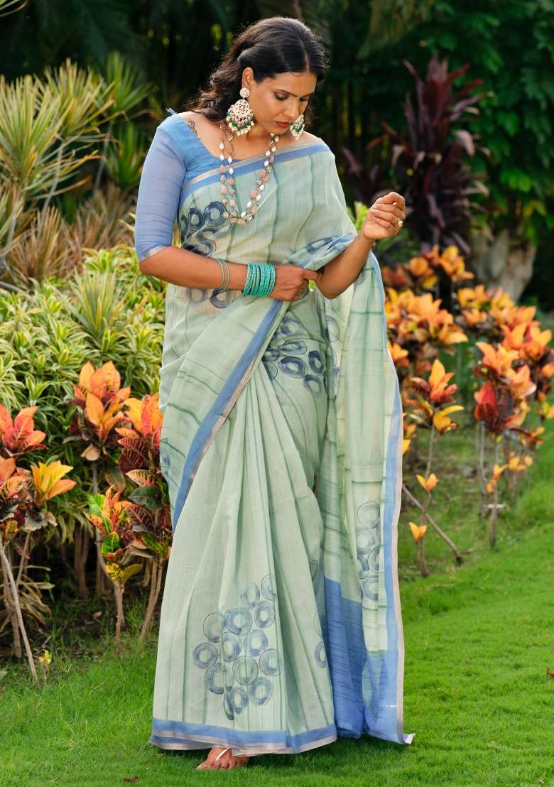 Sea Green Printed Cotton Blend Saree Set - Indya