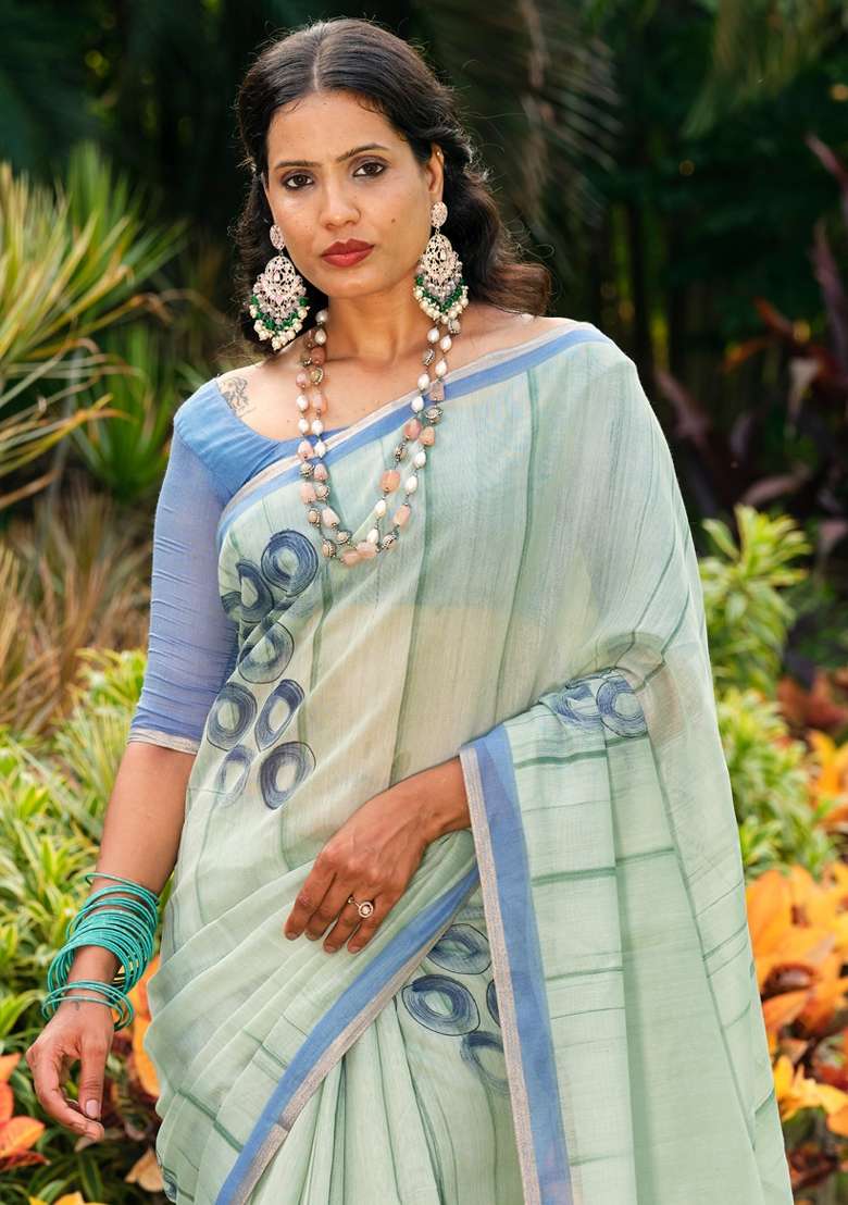 Sea Green Printed Cotton Blend Saree Set - Indya