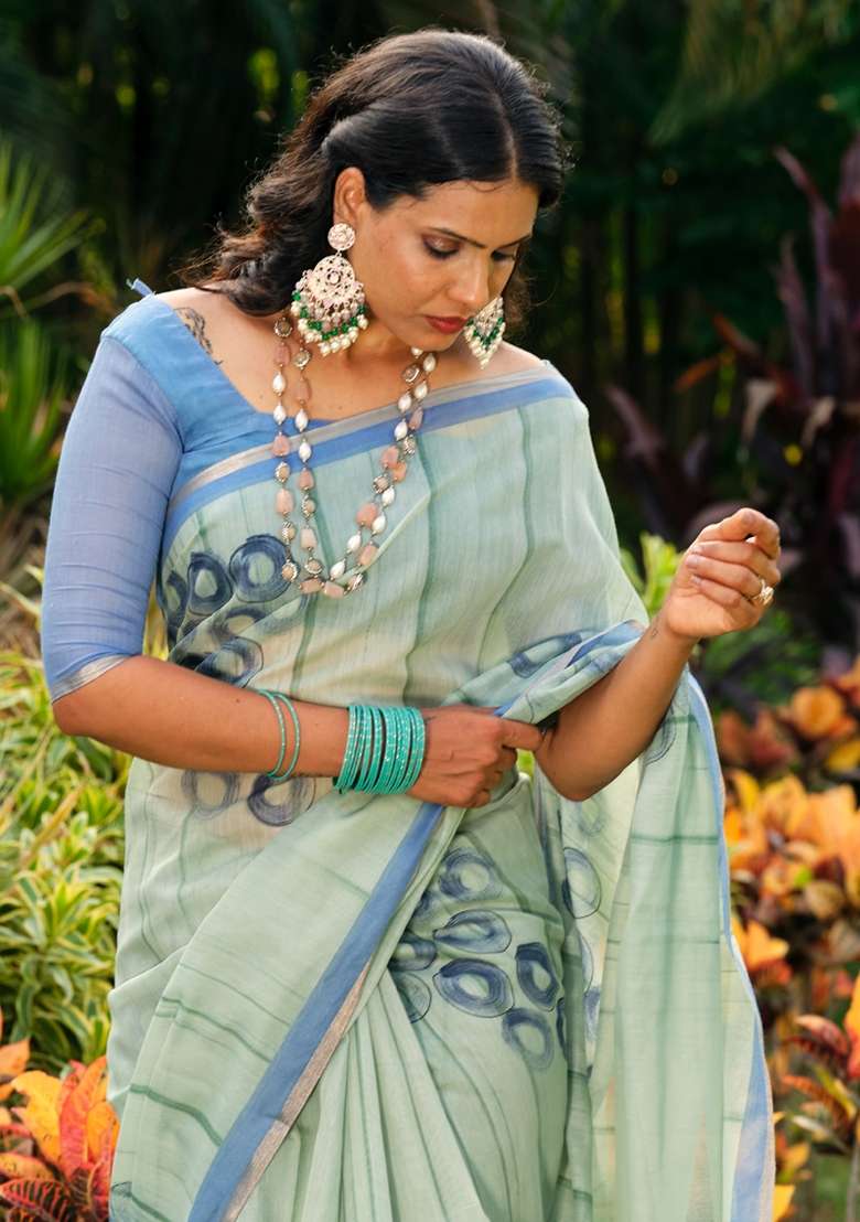 Sea Green Printed Cotton Blend Saree Set - Indya