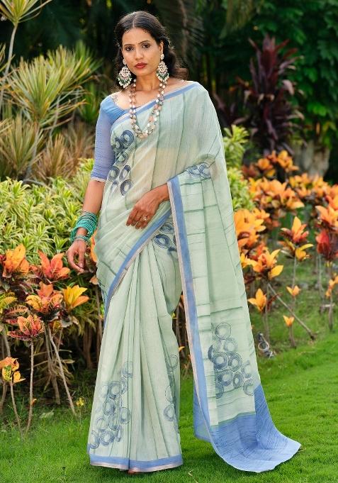 Sea Green Printed Cotton Blend Saree Set — view on Indya