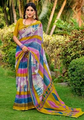Multicolored Printed Cotton Blend Saree Set