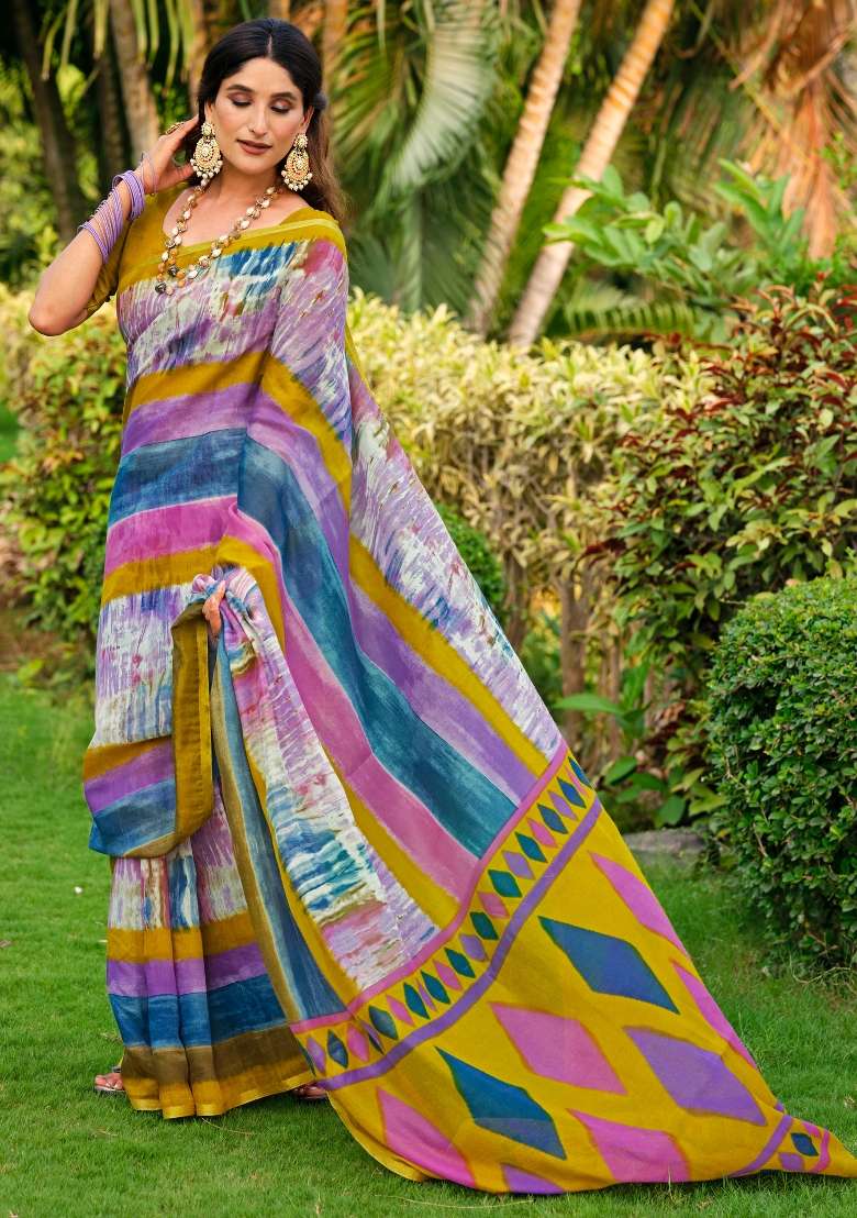 Multicolored Printed Cotton Blend Saree Set - Indya