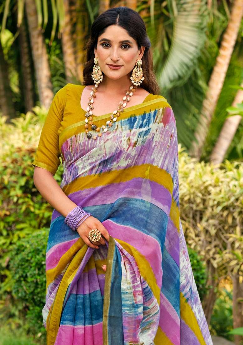 Multicolored Printed Cotton Blend Saree Set - Indya