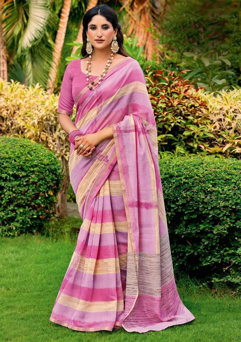 Pink Printed Cotton Blend Saree Set - Indya