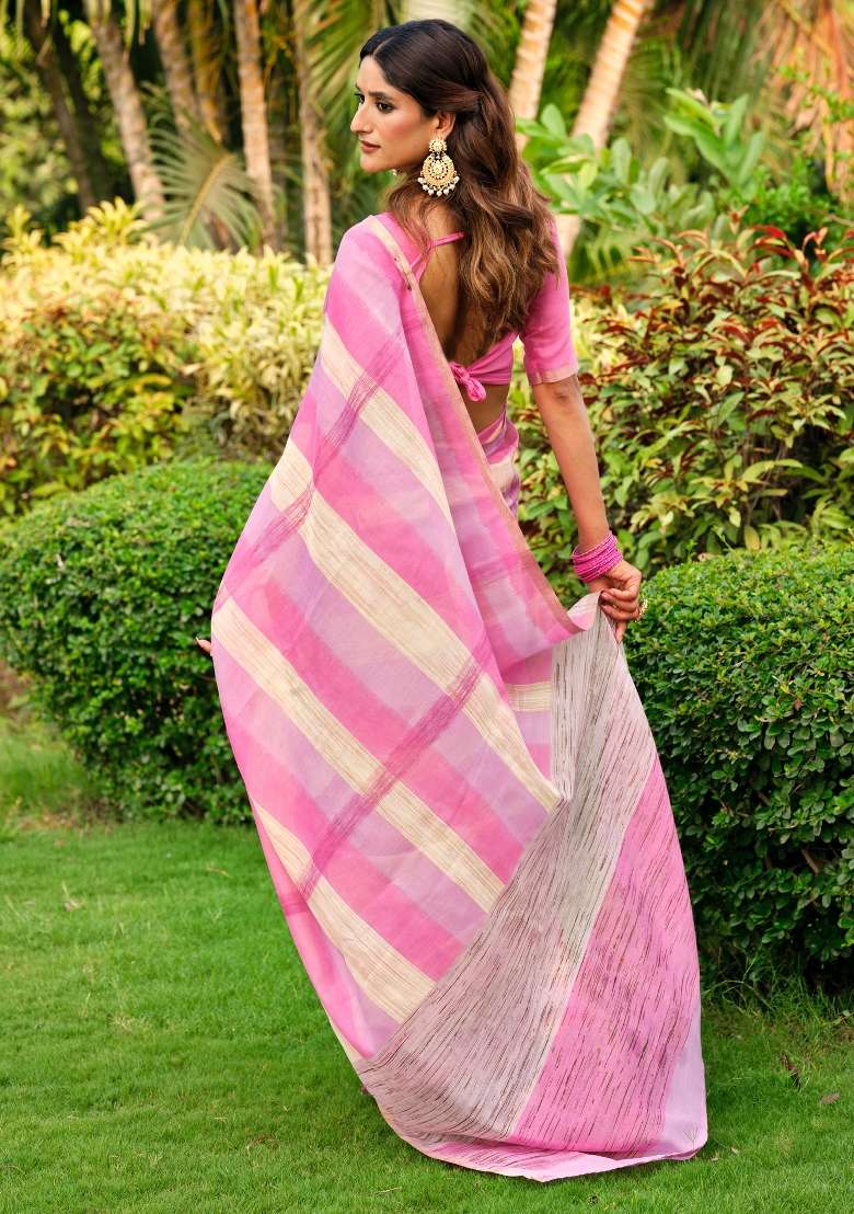 Pink Printed Cotton Blend Saree Set - Indya